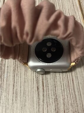 Silver Apple Watch with Pink Scrunchie Band - Compatible Wearable